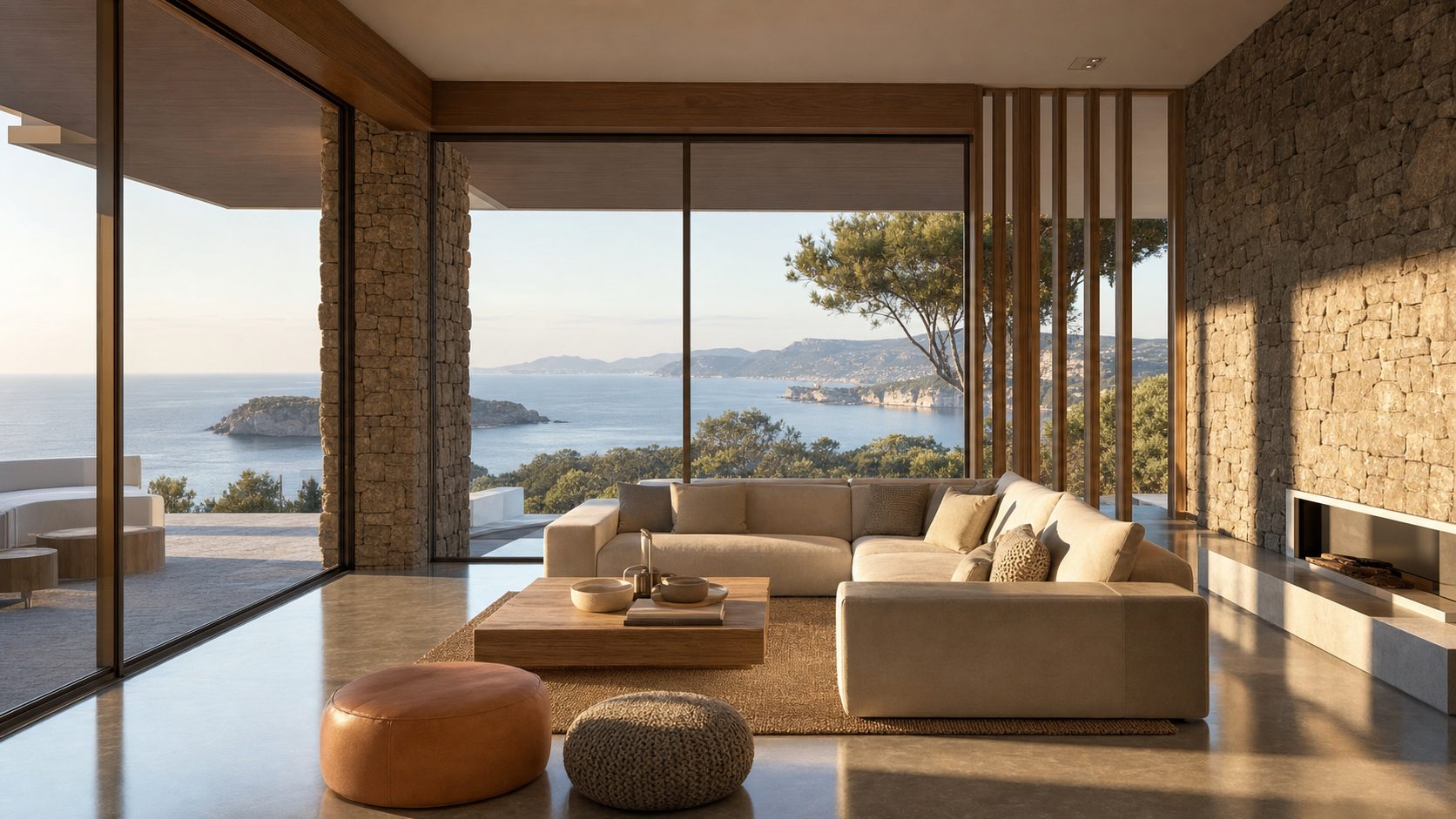 Open-plan living room with floor-to-ceiling glass framing sea views