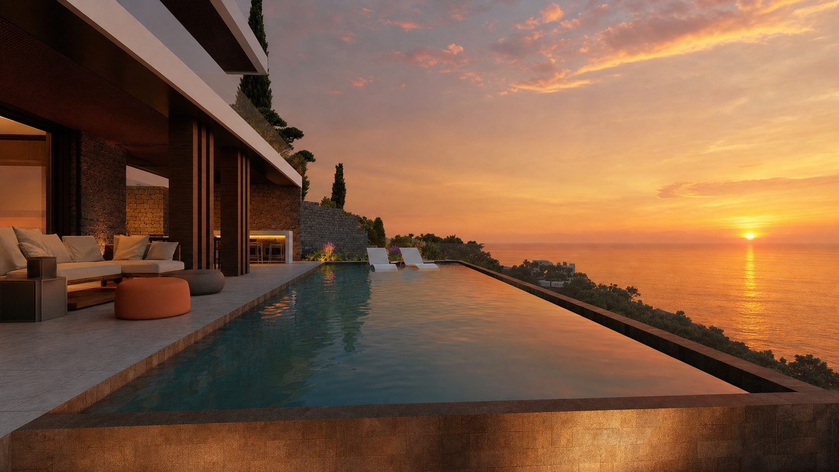 Infinity pool terrace at sunset overlooking the Mediterranean sea